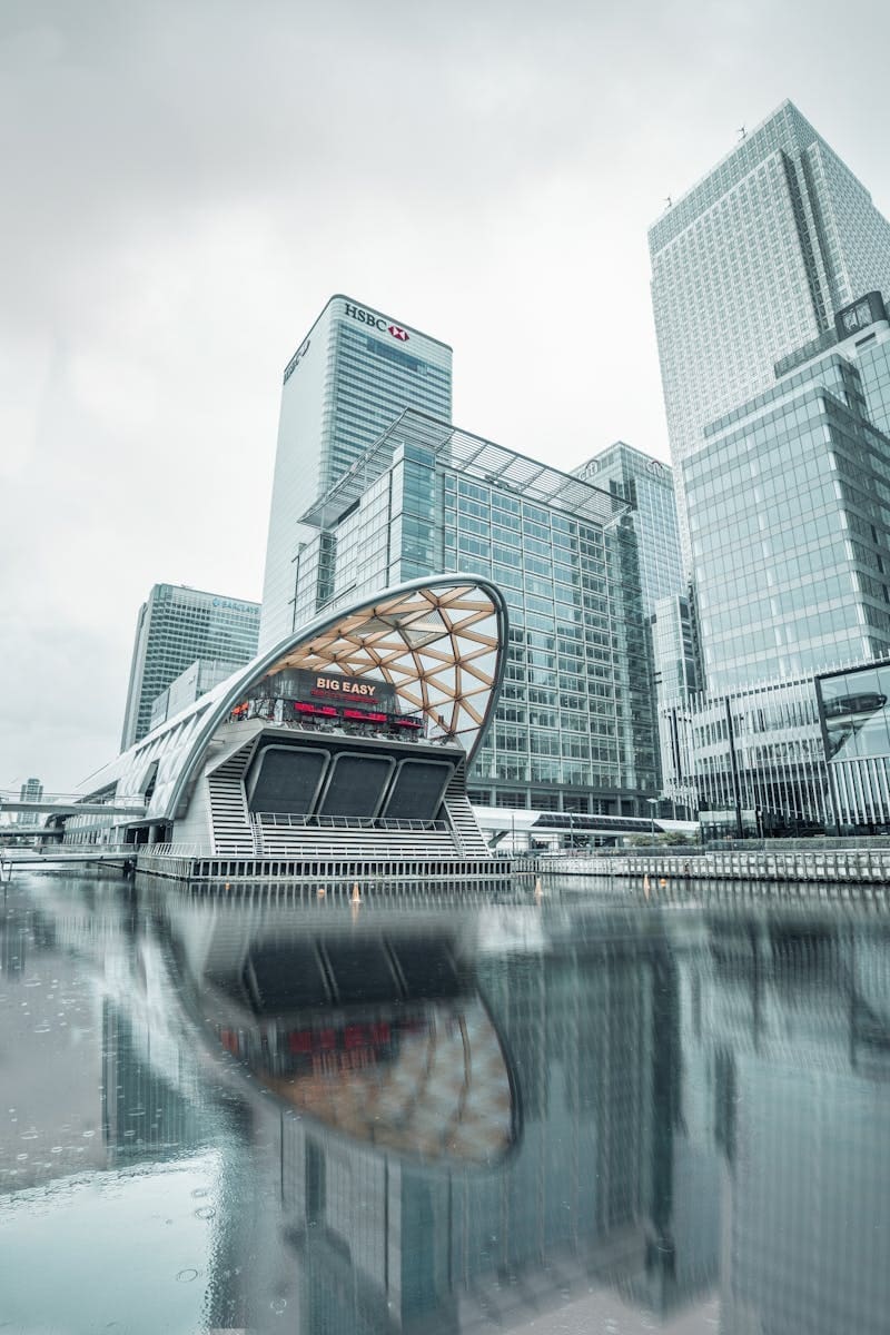 Stunning view of modern skyscrapers in Canary Wharf, London, global centre for banks fintech consulting.